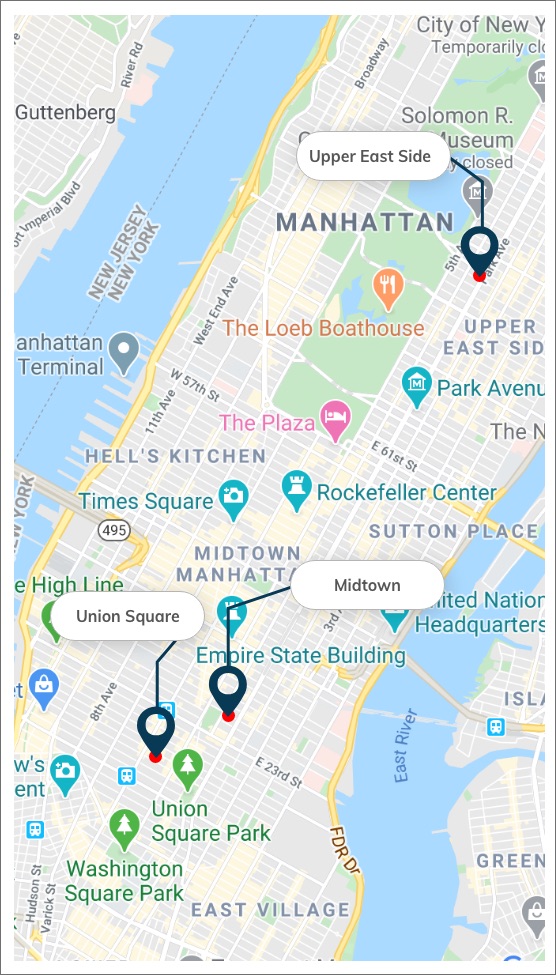 Map in Midtown, Upper East Side, and Union Square/Chelsea